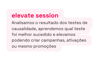 elevate session Analisamos o resultado dos testes de causalidade aprendemos qual teste foi melhor sucedido e elevamos podendo criar campanhas ativações ou mesmo promoções